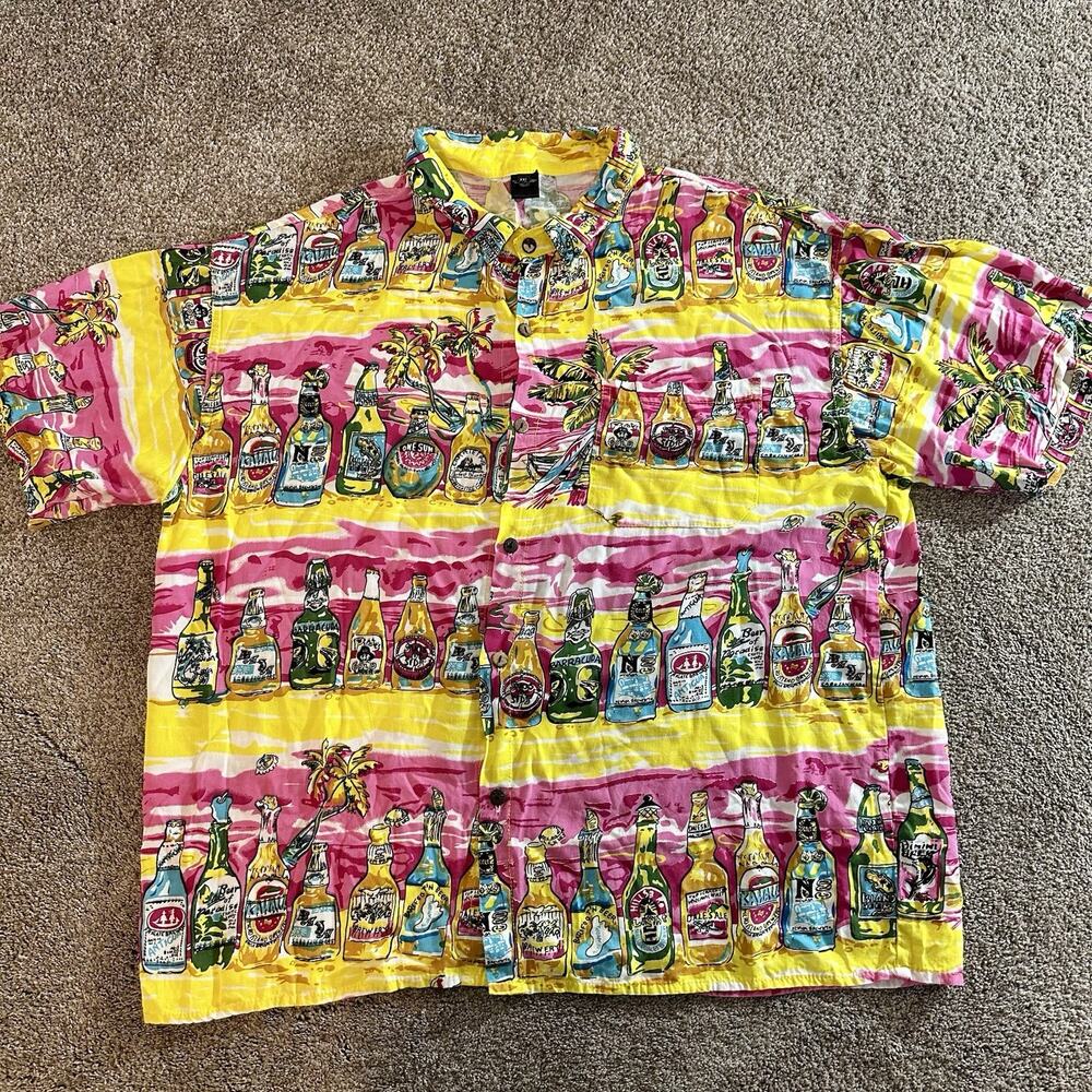 Mens Hawaiian shirt, yellow with beer bottles, XXL 2XL